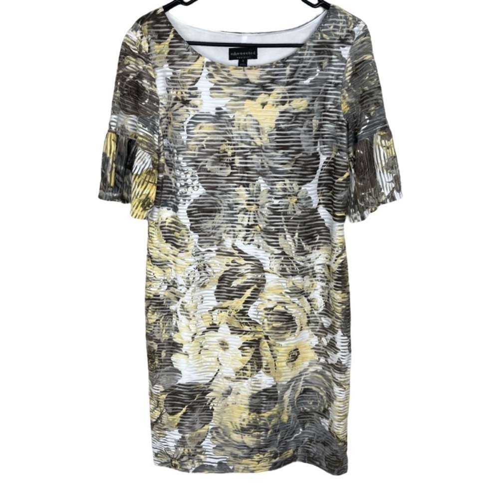 ✅ Connected Apparel Women's Sheath Dress White Gray yellow Floral Print Size 8